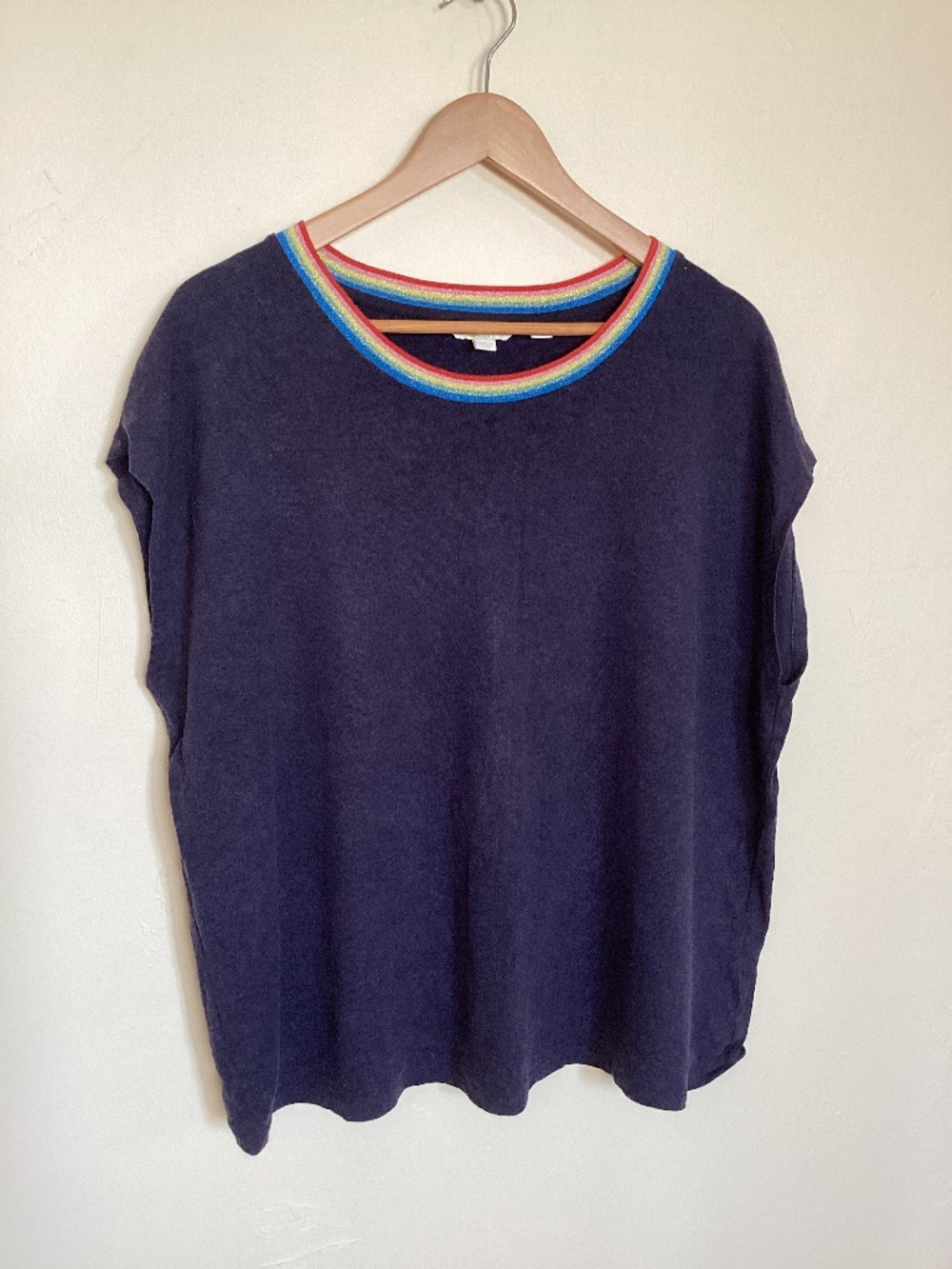 Boden linen cotton blend navy cap sleeve tee size 16/18 rainbow collar m